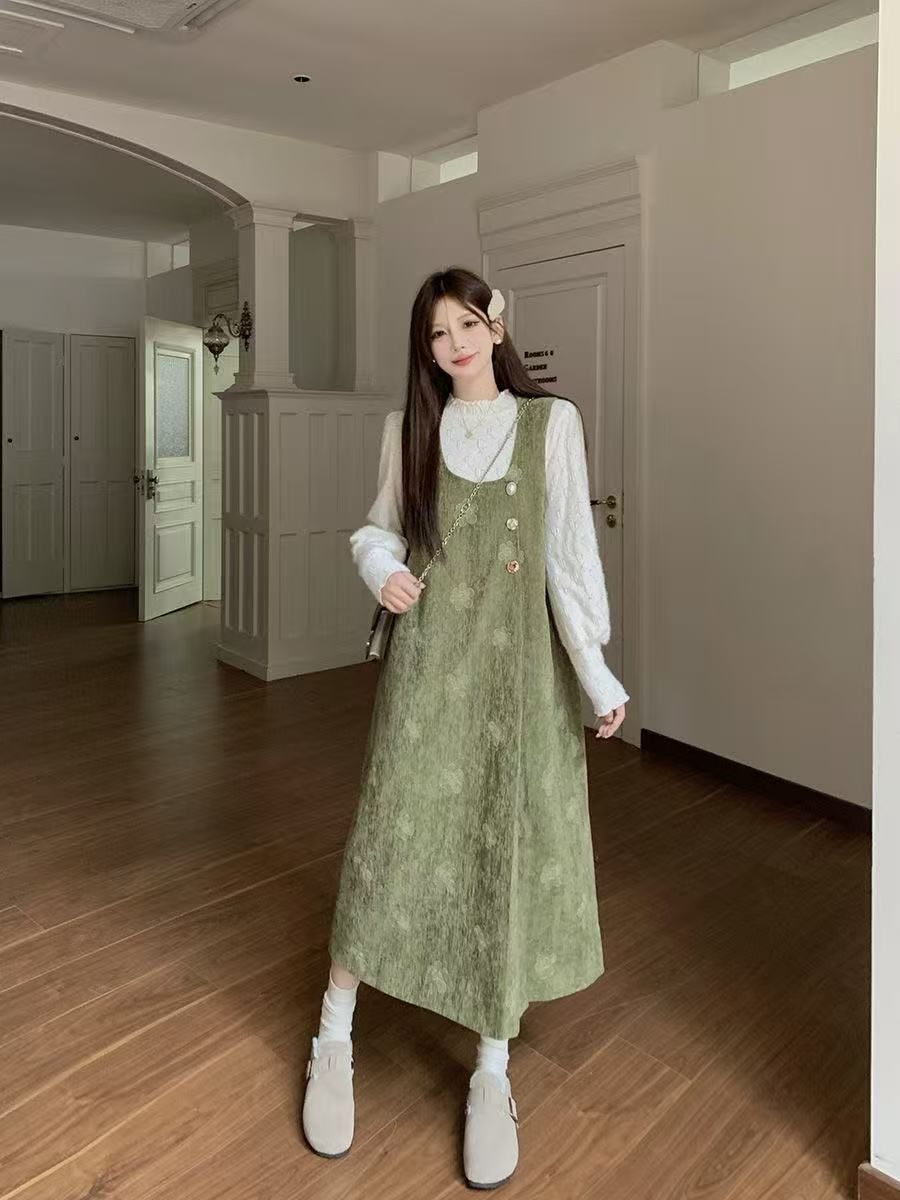 フレンチレトロカジュアルオーバーオールワンピース レースキャミセット 2点セット