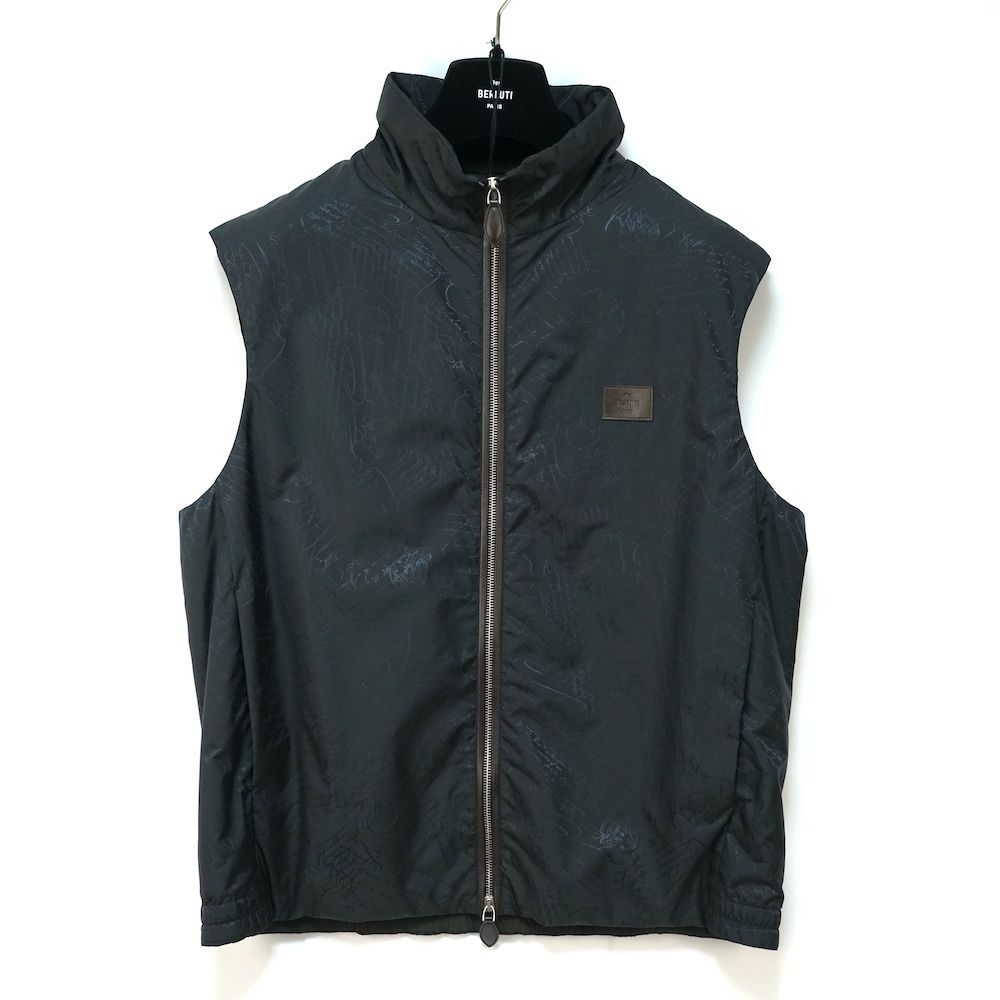 BERLUTI 1895 PARIS ベルルッティ Light Warm Up Gilet スクリット ナイロン パッド入り ジレ ベスト ロゴ レザー ディープグレー -001