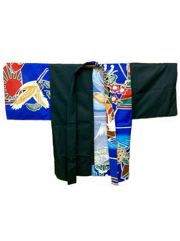 裄74.5 男物 羽織 綿 片身変わり 紺×大漁旗模様 単衣 LL 福服特製 和服 着物 和装 男羽織 羽織り 衣装 メンズ着物