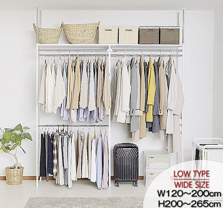 クローゼット ダブルハンガーラック ロータイプ 棚１段 ワイド 突っ張り つっぱり 棚 翌日 布団収納タンス 吊り下げ収納ハンガー ワードーロープ 奥行き 41 cm タンス ウォークイン 収納アップ ダブルハンガー 1.5倍 収納