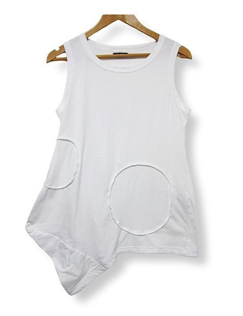 センソユニコ m_mefu 芽風 アシメトリデザイン ノースリーブチュニック カットソー ストレッチ素材 和柄風切替デザイン 白 Lサイズ40 管理番号 -251207-503 198