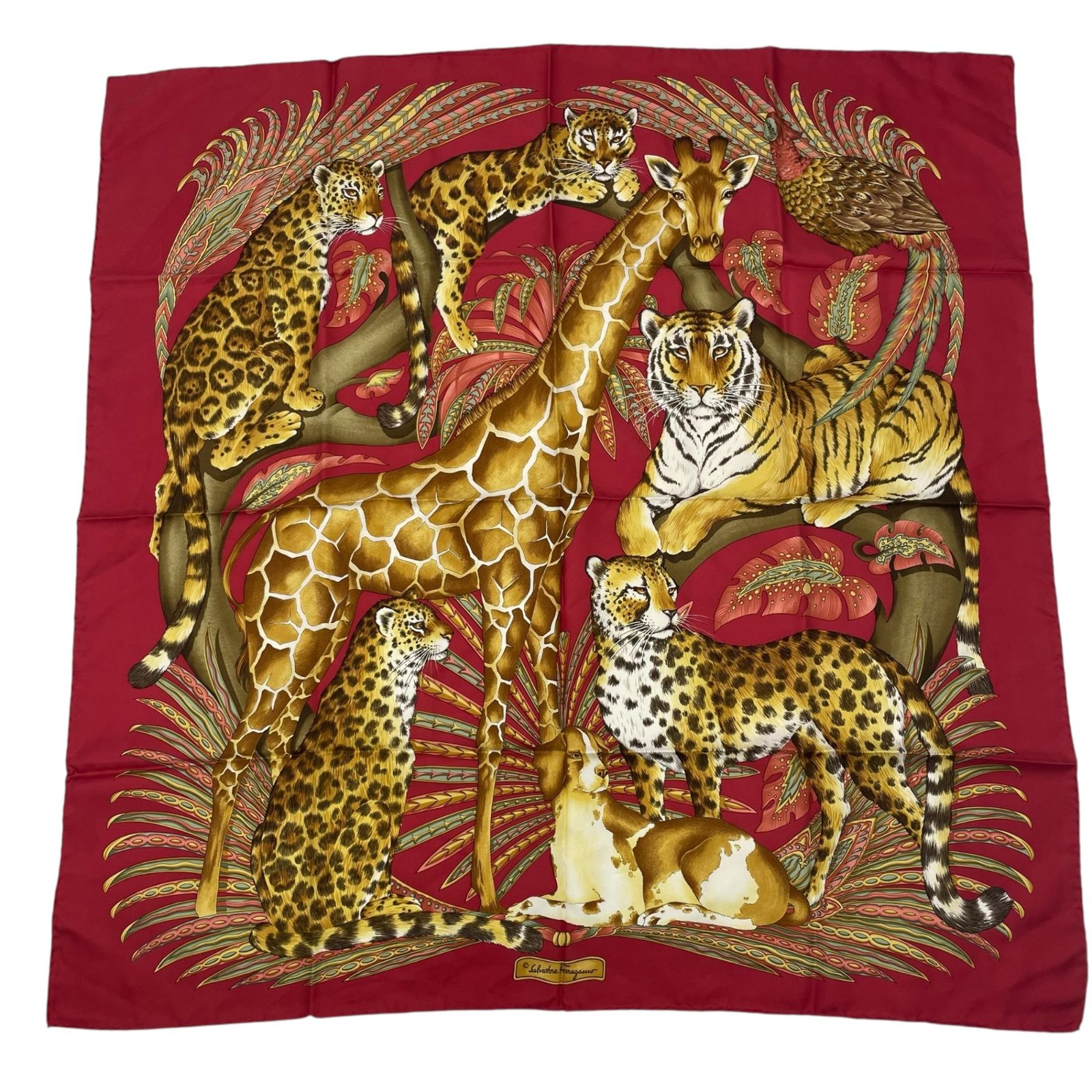 Salvatore Ferragamo サルヴァトーレ フェラガモ スカーフ シルク 大判 ヒョウ柄 アニマル柄 レッド