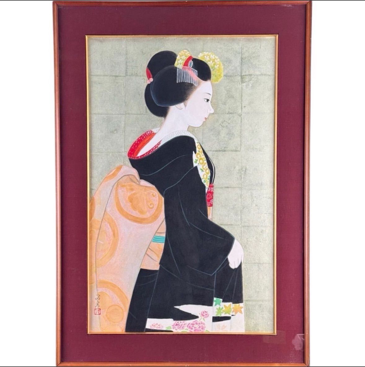 五 真作 倉田冨美 舞妓 日本画 彩色 4号 共シール 額装 ／ 日輝