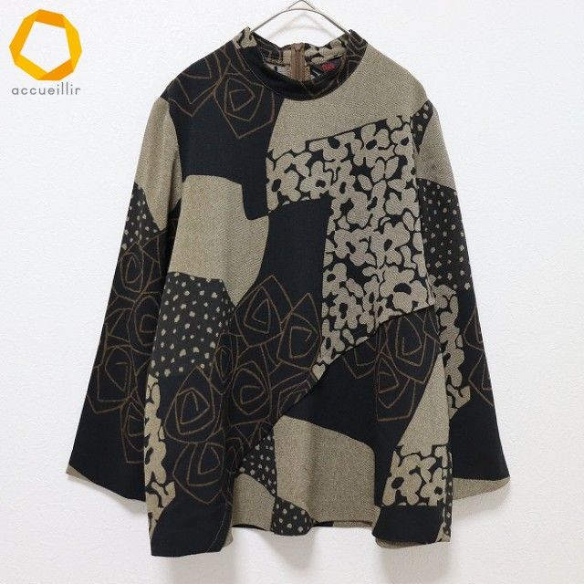 詩仙堂 ヒトシタムラ ちりめん シャツ ブラウス トップス 七分袖 総柄 a968953n