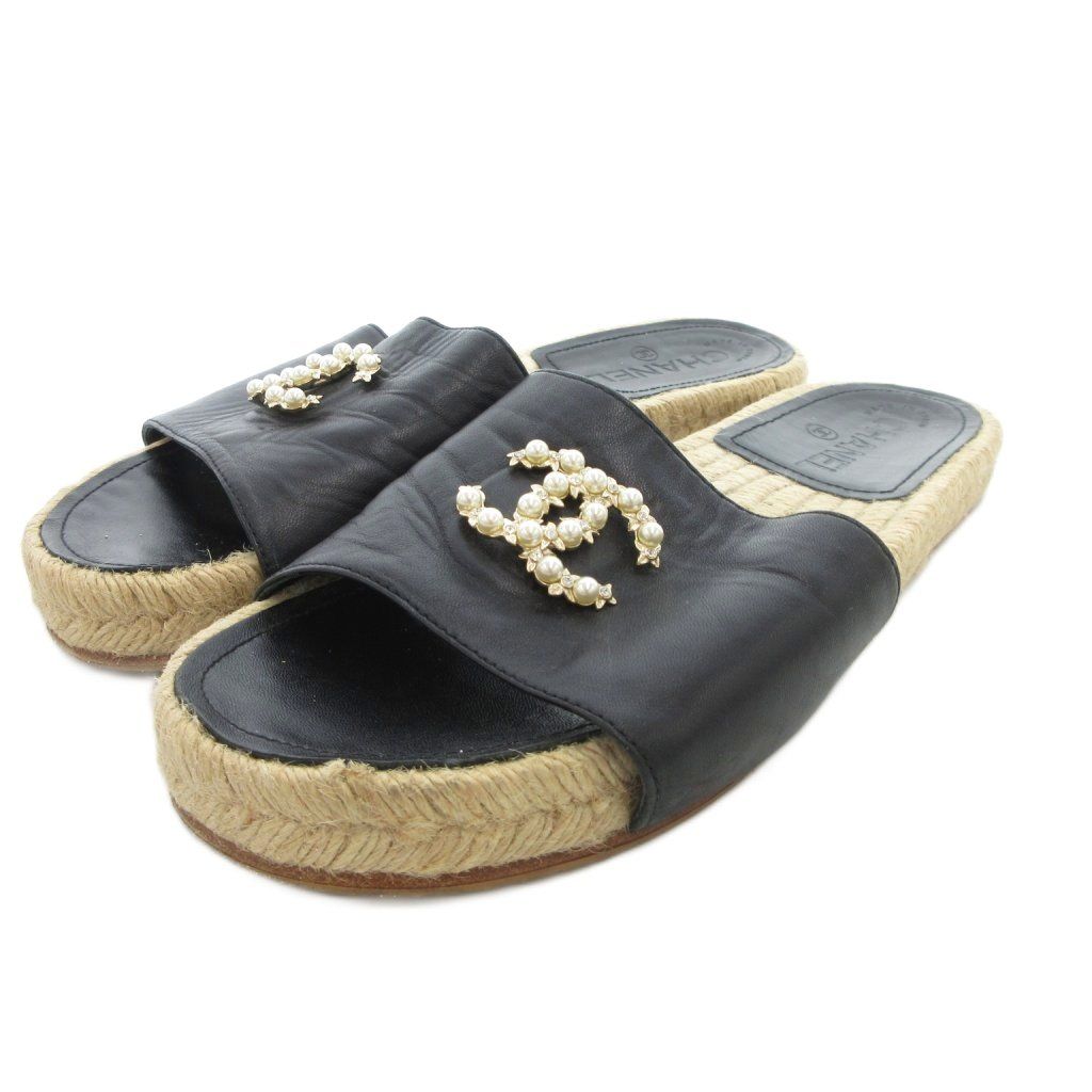 【中古】シャネル CHANEL エスパドリーユサンダル ココマーク パールビジュー 38 黒 ブラック /UO ■GY18 シャネル CHANEL エスパドリーユサンダル ココマーク パールビジュー