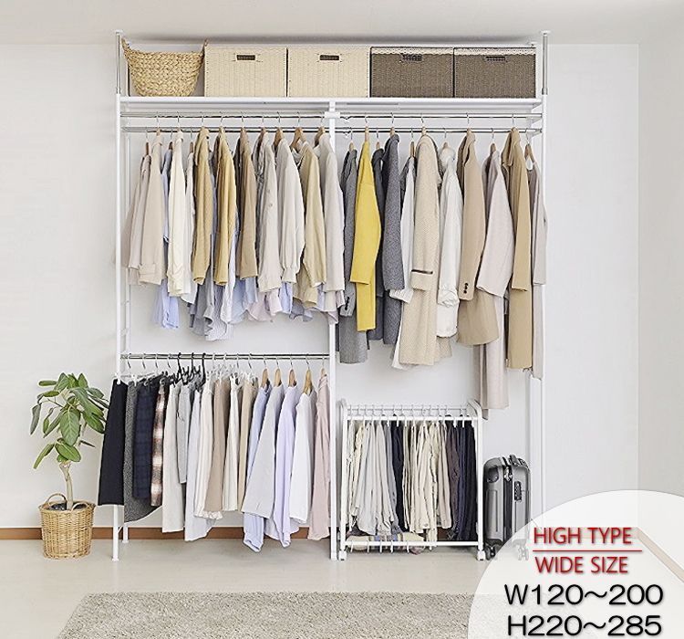 クローゼット ダブルハンガーラック ハイタイプ 棚１段 ワイド 突っ張り ホワイト つっぱり 棚 翌日 布団収納タンス 吊り下げ収納ハンガー ワードーロープ 奥行き 41 cm タンス ウォークイン 収納アップ ダブルハンガー 1 5倍 収納
