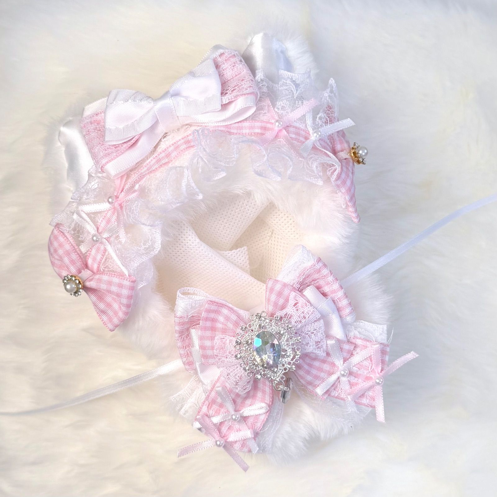 10cm～12cm用 ぬい服 ハンドメイド いつぬい 猫耳 ホワイト×ピンク