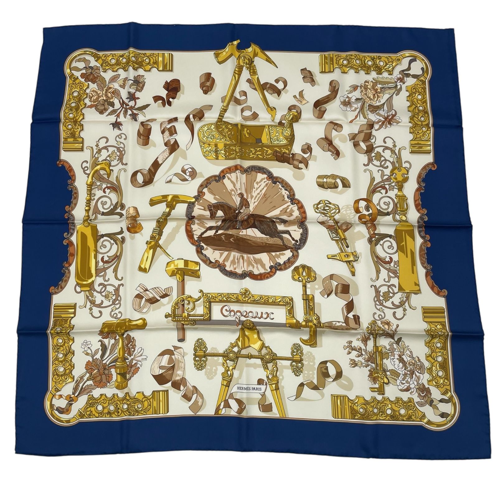 HERMES エルメス スカーフ シルク カレ90 Copeaux おが屑 馬柄 工具 ベージュ ネイビー ｘ ホワイト