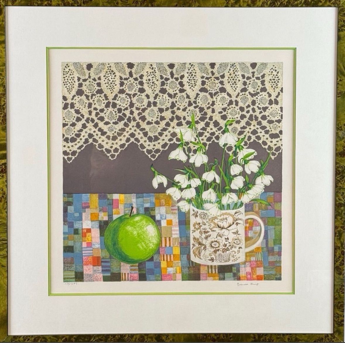 ブレンダキング Brenda King スノードロップと青りんご リトグラフ 5号大 直筆サイン イギリス出身 女流画家 個展多数