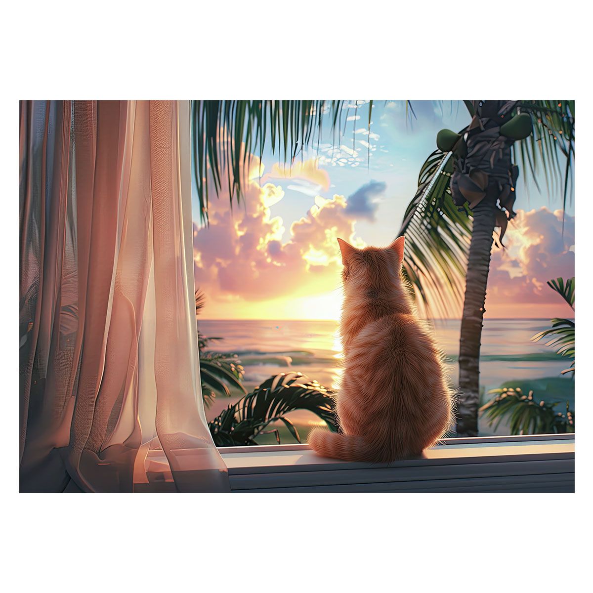 【A2サイズ（約42x59cm）】【lh-poster-3401】【フレーム付き】黄昏猫 ネコ キャット 動物 夕暮れ 海系 サーフ ポスター 波 ビーチ 海岸 オーシャン ブルー 景色 サーフィン インテリア アート