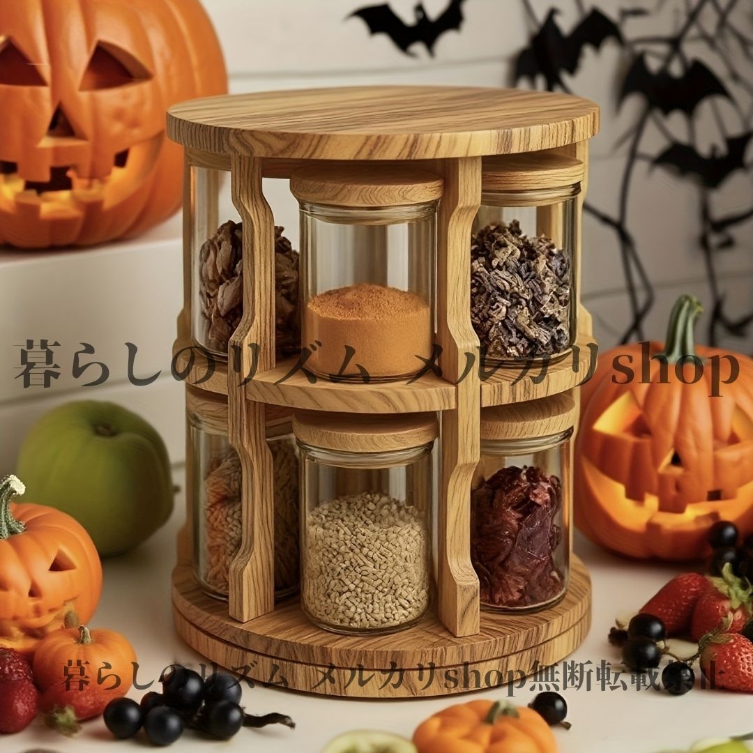調味料ラック 竹製 回転式スパイスラック フリップトップ付き ガラス製スパイスジャー のガラス製食品容器 丸型 再利用 キッチンカウンタートップ キャビネット用 キッチン ダイニングテーブル カウンターテーブル キャンプ 便利