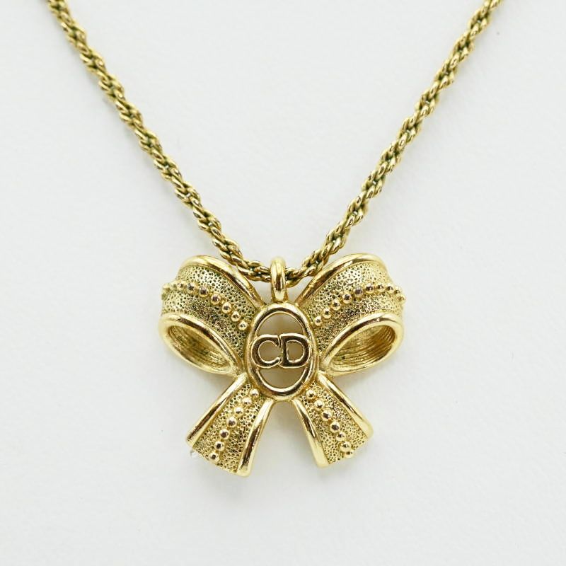 M04-k019 Christian Dior クリスチャンディオール リボン/CDロゴ GP ネックレス ゴールド