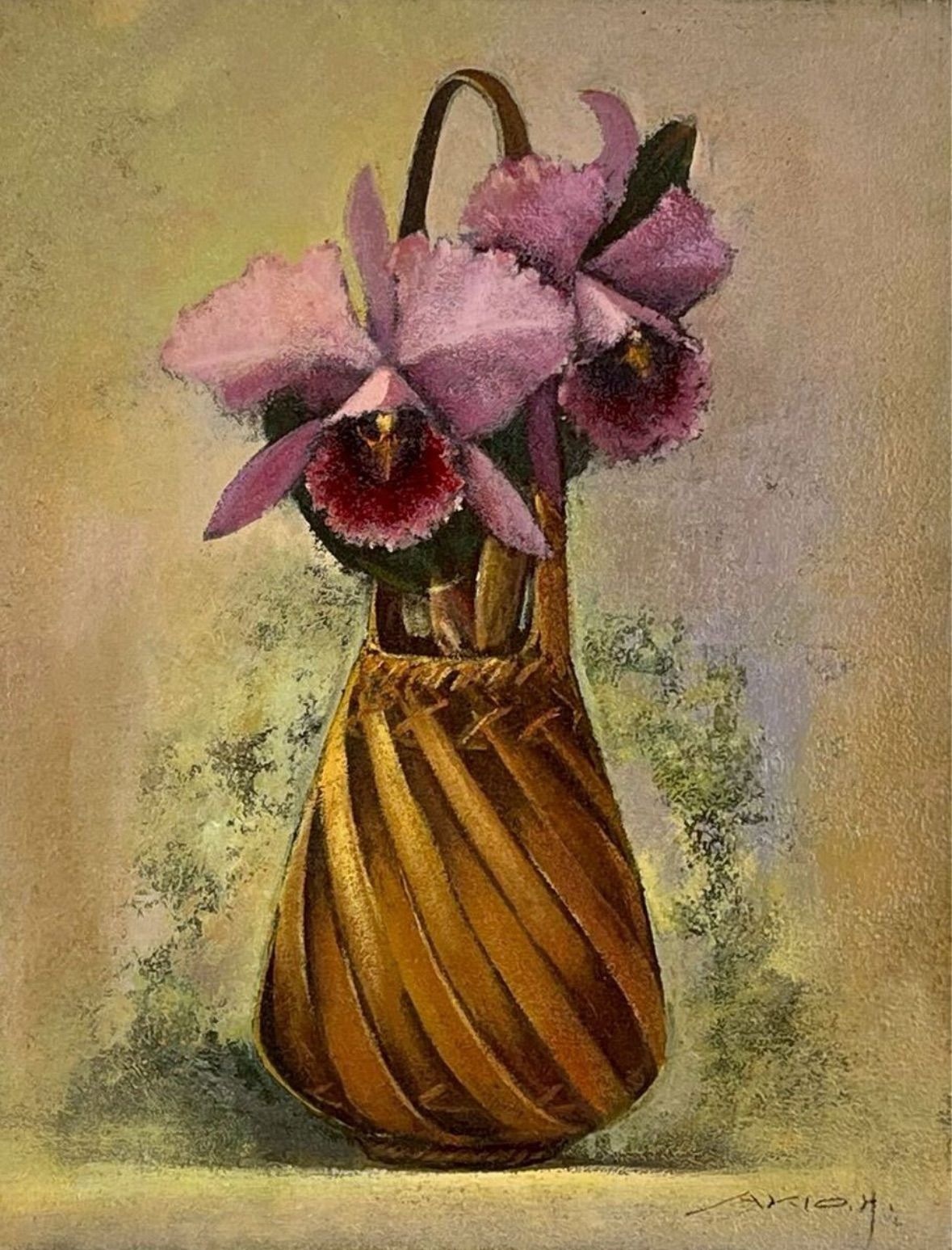 原田彰夫　直筆サイン『かとれあと実』キャンヴァスに油彩 6号 0919D 原田彰夫 「カトレア」油彩 6号 静物画 裏サイン有 精鋭選抜展銅賞 ル