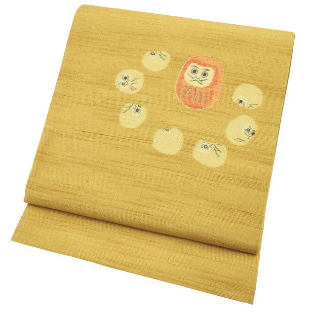 すごい値 袋帯 リサイクル 正絹 紬地 薄黄茶 達磨 だるま 七転び八起き 手刺繍 入り 織り柄 上質 カジュアル 仕立て上がり 春 秋 冬 お太鼓柄 お出かけ お食事 ショッピング リユース すごいね みやがわ neb 01596