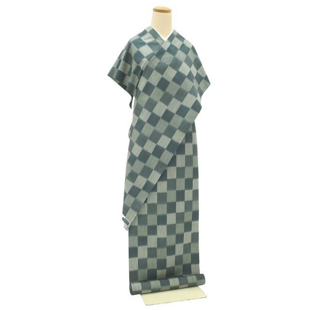 すごい値 紬 反物 西陣 着物 着尺 ♥ 正絹 三代目 市三郎 灰緑 市松 カジュアル 未仕立て 春 秋 冬 袷 単衣 どちらにも お仕立てＯＫ リサイクル すごいね みやがわ nem 00165