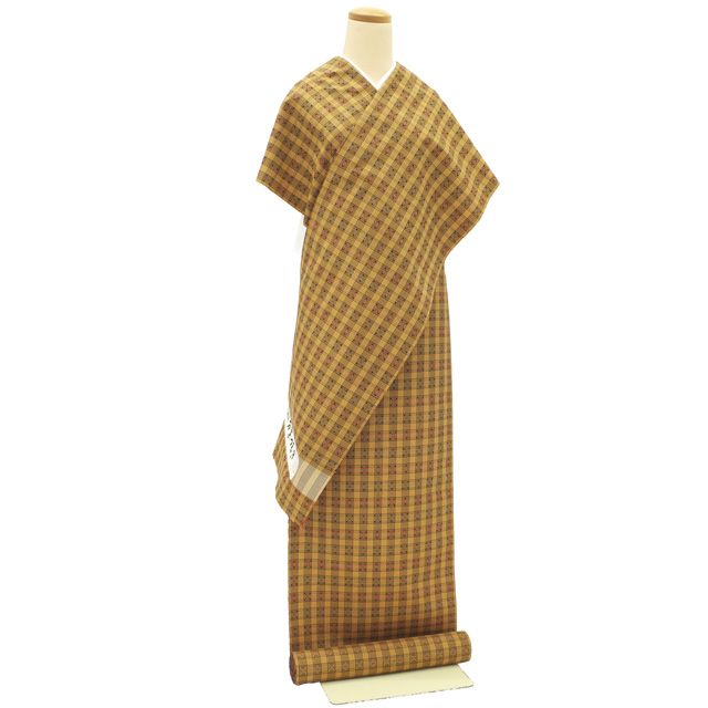 すごい値 紬 反物 着物 着尺 正絹 西陣 花織風 黄茶 格子 万葉つむぎ 手織花結城 カジュアル 未仕立て 春 秋 冬 袷 単衣 どちらにも リサイクル すごいね みやがわ nem 00164