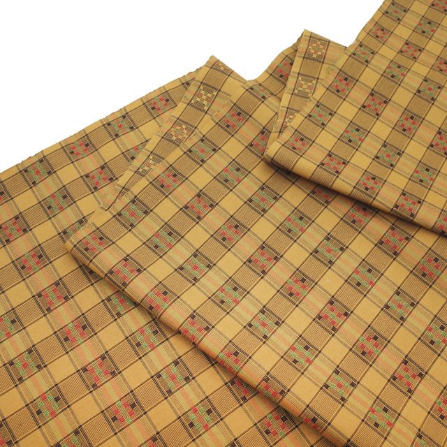  すごい値 紬 反物 着物 着尺 ♥ 正絹 西陣 花織風 黄茶 格子 万葉つむぎ 手織花結城 カジュアル 未仕立て 春 秋 冬 袷 単衣 どちらにも リサイクル すごいね みやがわ nem 00164 紬 着物反物