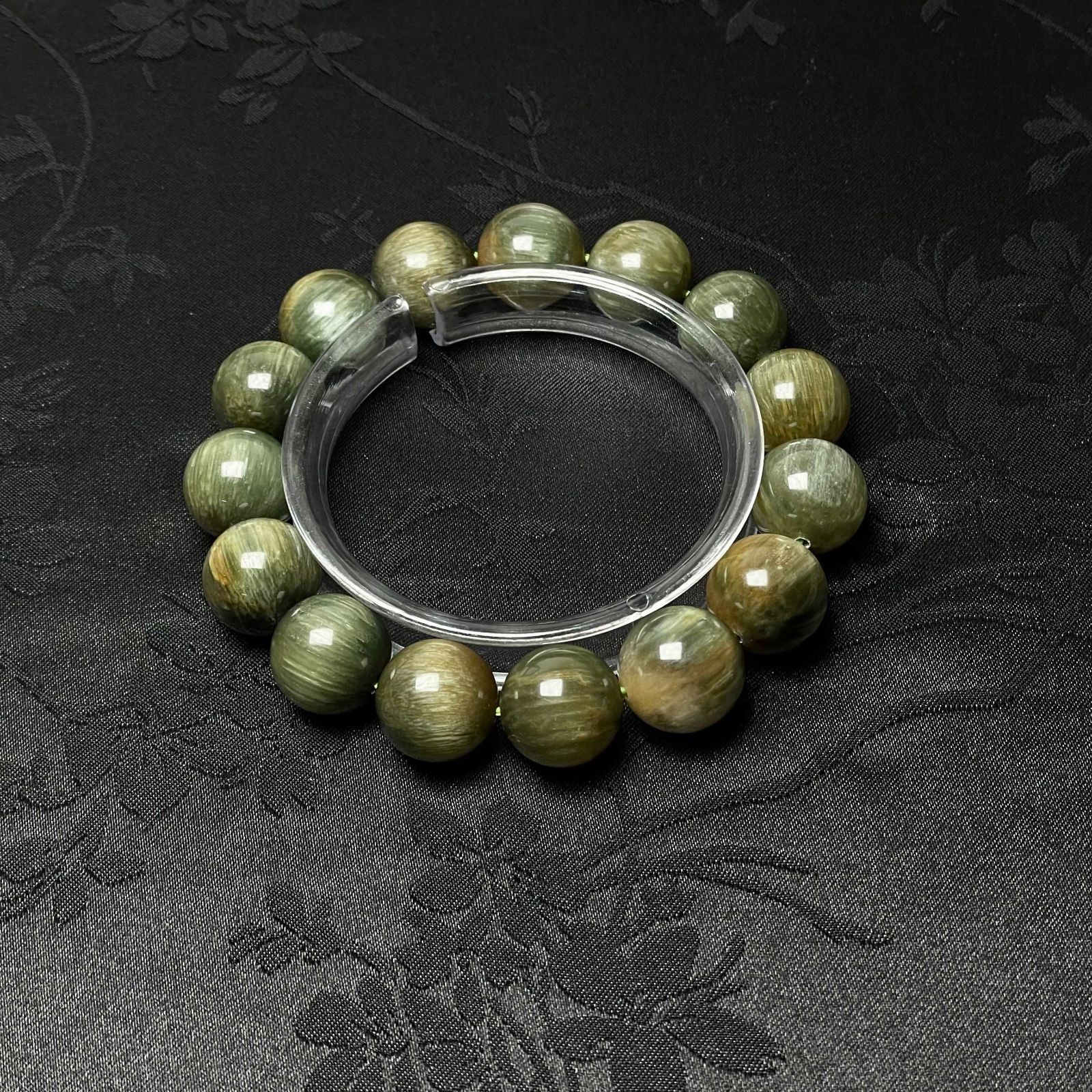 天然宝石 50 A猫目アクチノライト パワーストーン 緑閃石ブレス 天然石 原石 お守り 14 2 15 mm ZB 9847