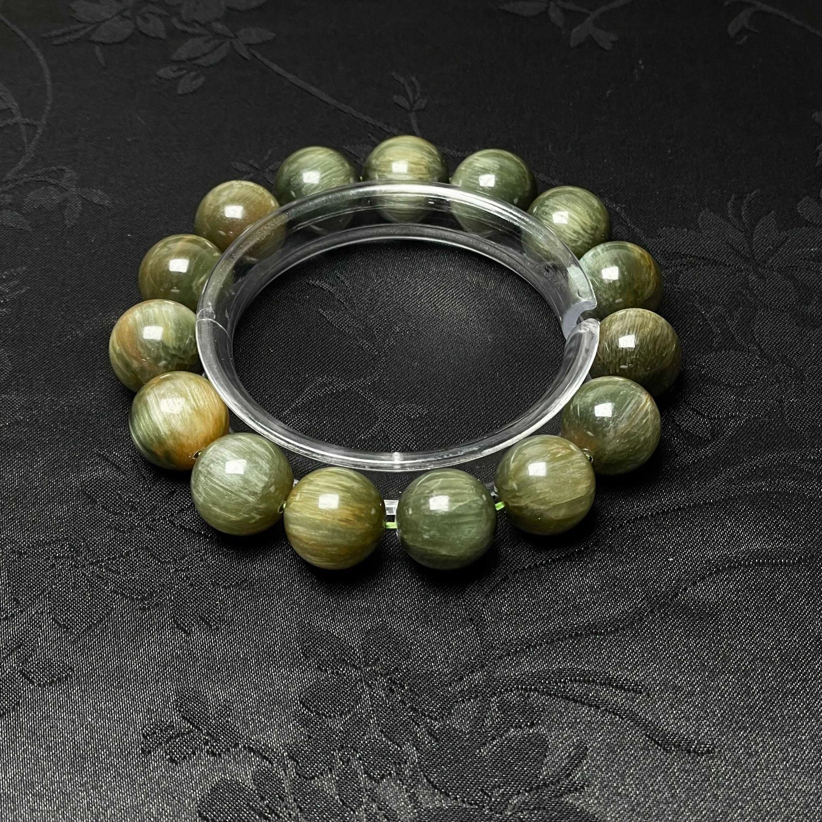 天然宝石 50 A猫目アクチノライト パワーストーン 緑閃石ブレス 天然石 原石 お守り 14 2 15 mm ZB 9847