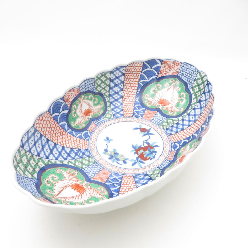 未使用 有田焼 其泉 菊割楕円 盛鉢 花形 染錦 柘榴文 伊万里 和食器