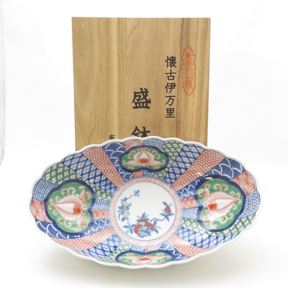 未使用 有田焼 其泉 菊割楕円 盛鉢 花形 染錦 柘榴文 伊万里 和食器