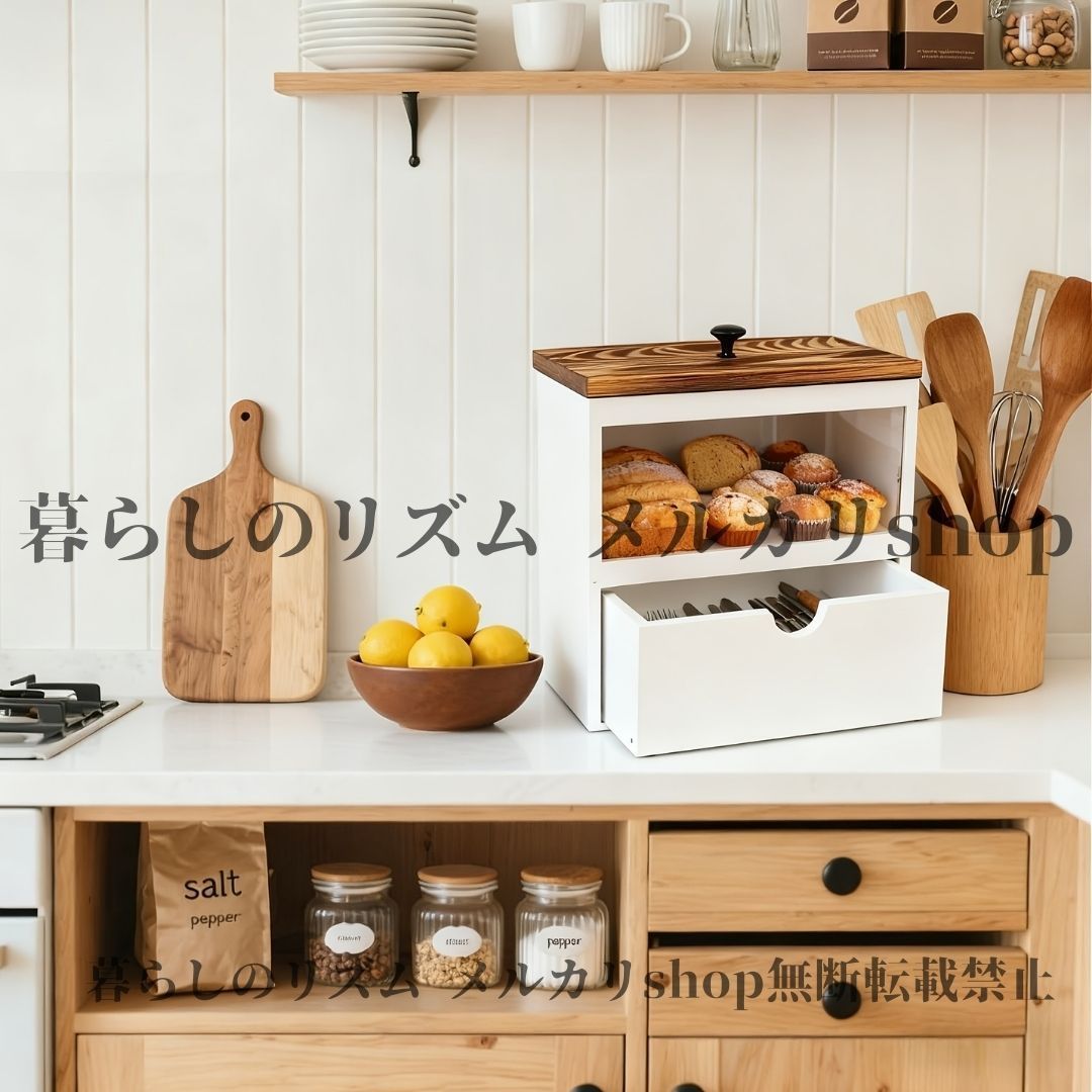 パンボックス 引き出し付き1段 パン箱 大容量キッチンカウンタートップオーガナイザー アクリル窓 最新 フリップトップ蓋 丈夫な木製構造 防湿 防塵  自宅 リビング カウンター カフェ パン収納 キッチン収納 紅茶 茶葉収納 焼き菓子 Amazon.co.jp: パンボックス キッチン ... 大型パン箱 | ヴィンテージ 二段 収納 オーガナイザー - キッチンカウンターパン収納ホルダー,パントリー ファームハウス キャビ