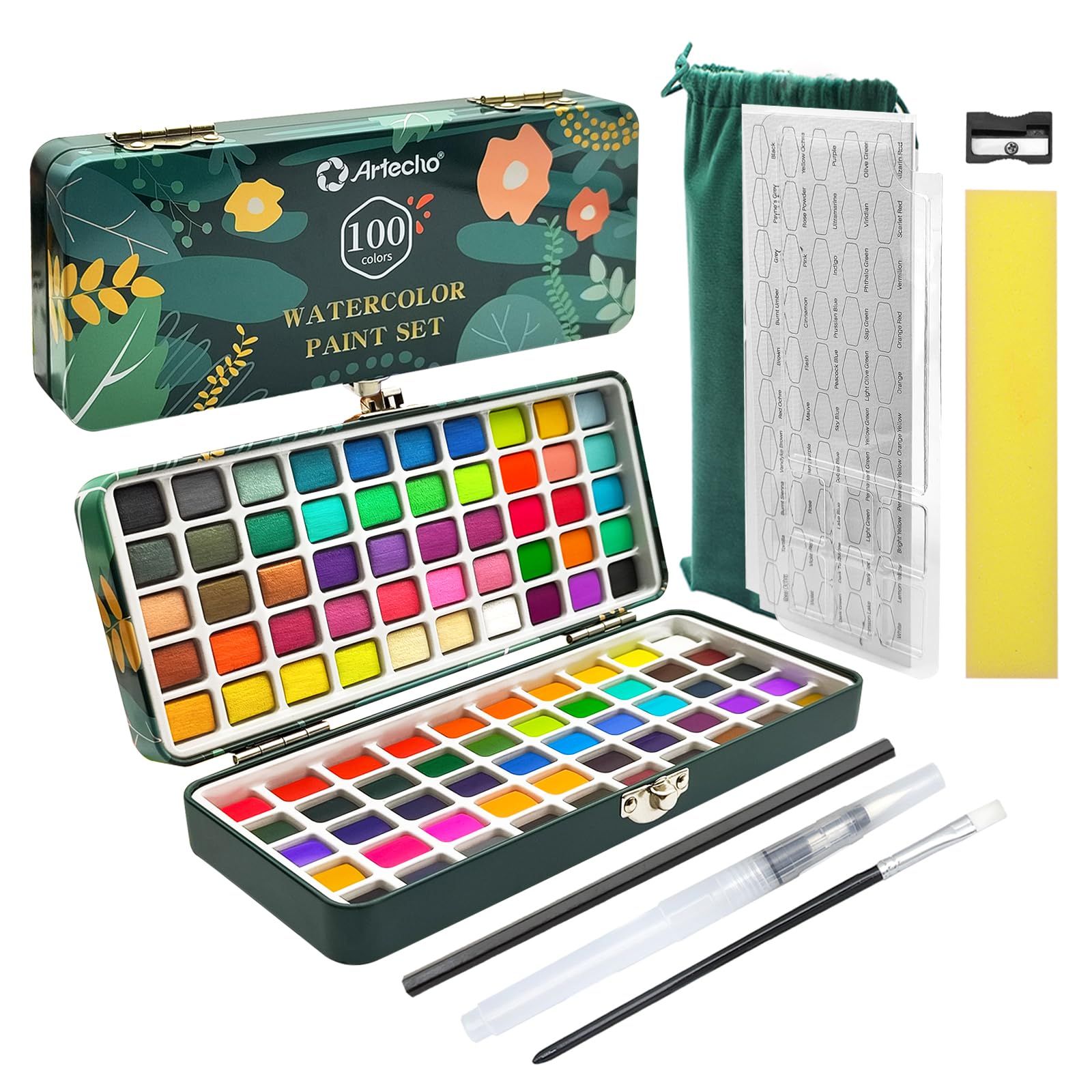 Artecho Watercolor Paint Set, 100 Colors, Portable Box, Travel Watercolor Set with Watercolor Paper and Brush, Perfect for Adult Beginner Artists