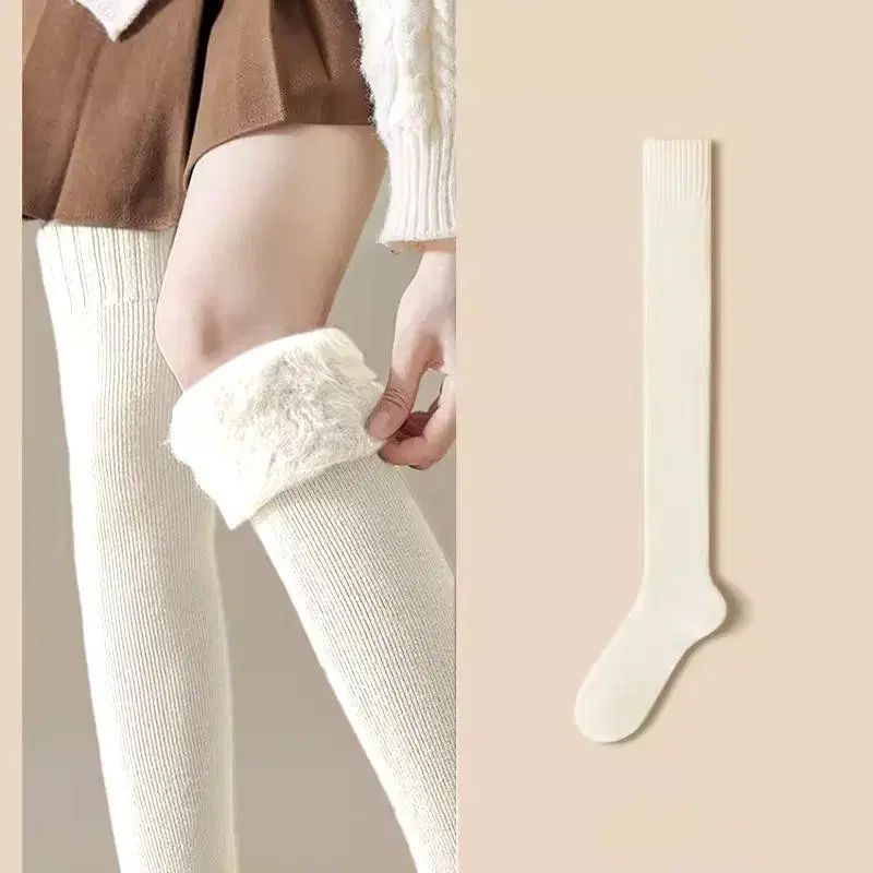 新品/*即発送* 起毛裏地 冬ファー ロングニーハイソックス アイボリー