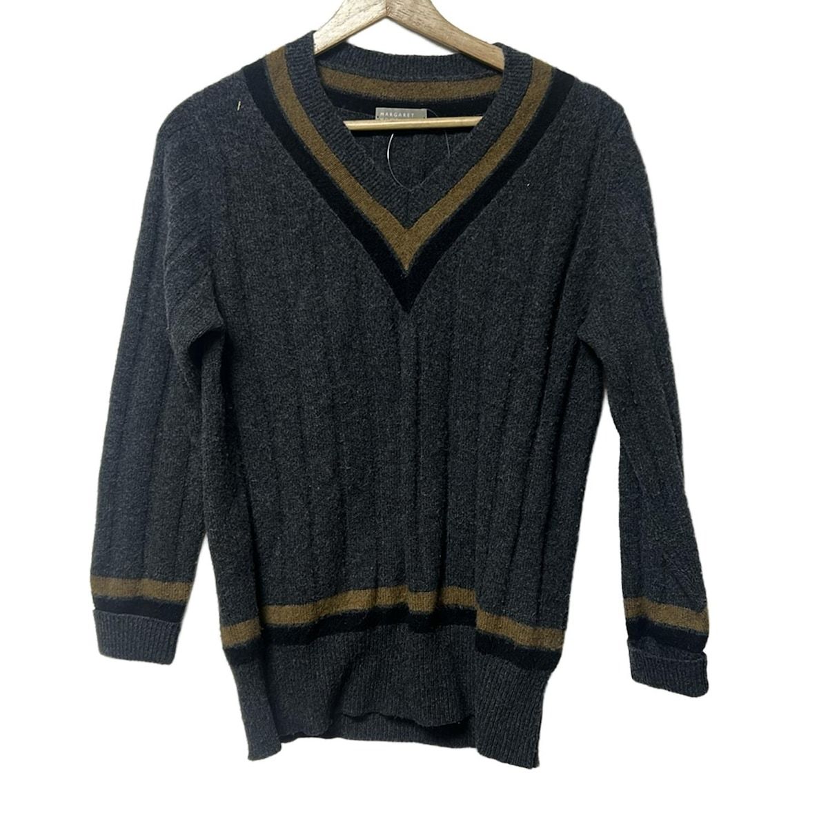 MargaretHowell マーガレットハウエル 長袖セーター サイズ2 M レディース - ダークグレー×ベージュ×黒 Vネック|カシミヤ混