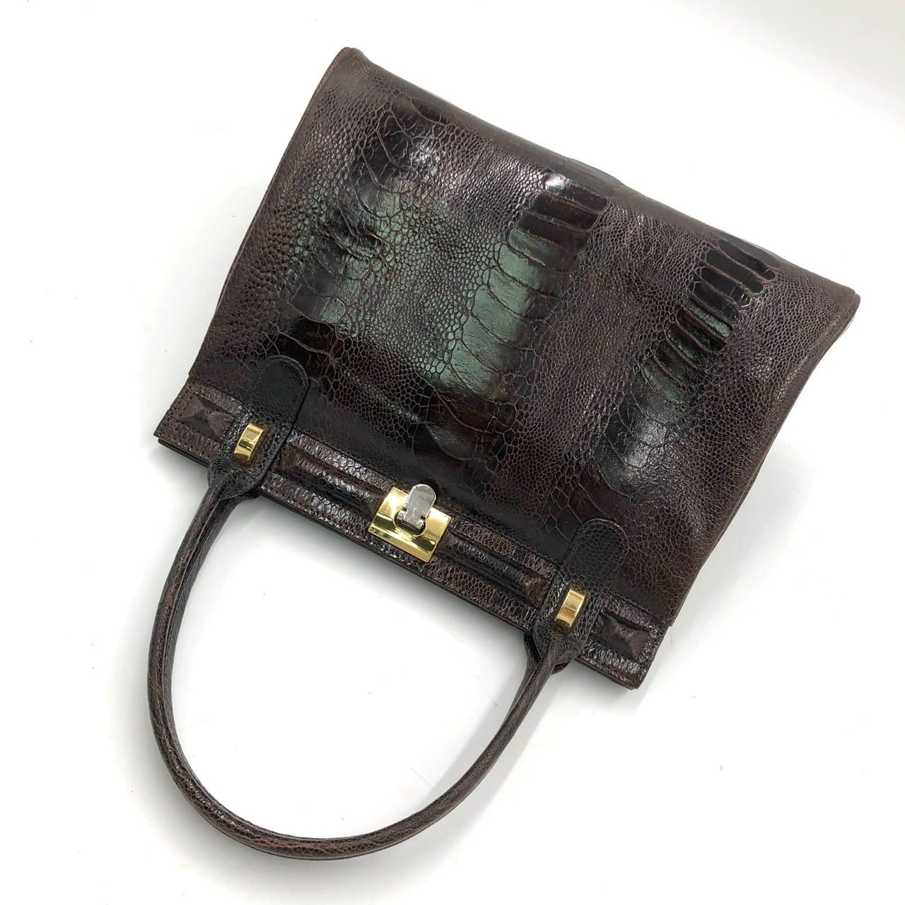 極美品】オーストリッチ型押し ハンドバッグ エキゾチックレザー 茶