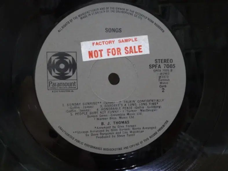 UK PROMO LP B J Thomas ー 1973 年 早い クラス