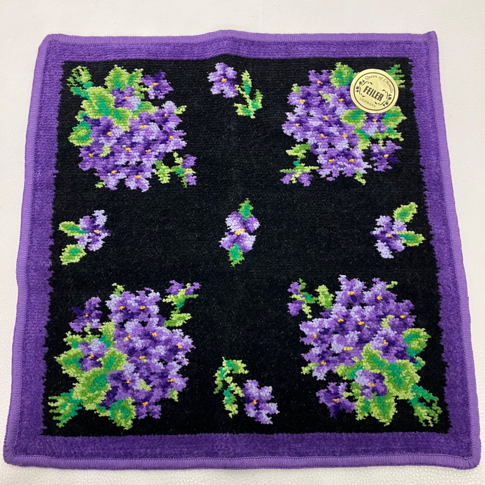 6925 FEILER フェイラー ハンカチ ブラック 黒 紫 パープル 花柄