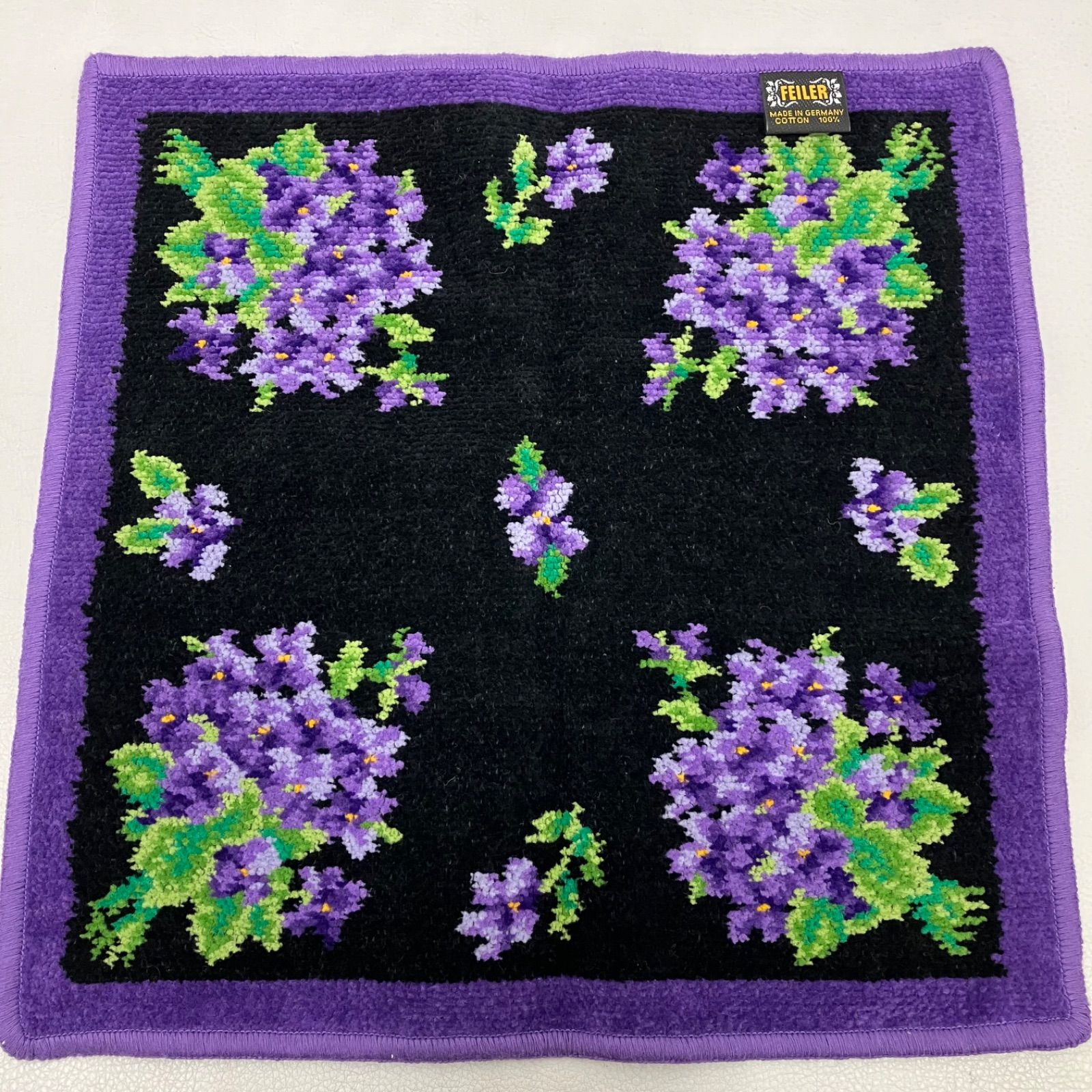 6925 FEILER フェイラー ハンカチ ブラック 黒 紫 パープル 花柄