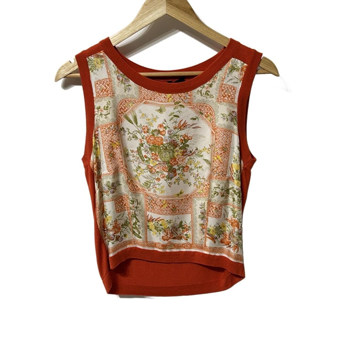 ETRO エトロ ノースリーブカットソー サイズ44 L レディース オレンジレッド 白 マルチ 異素材切り替え 花柄