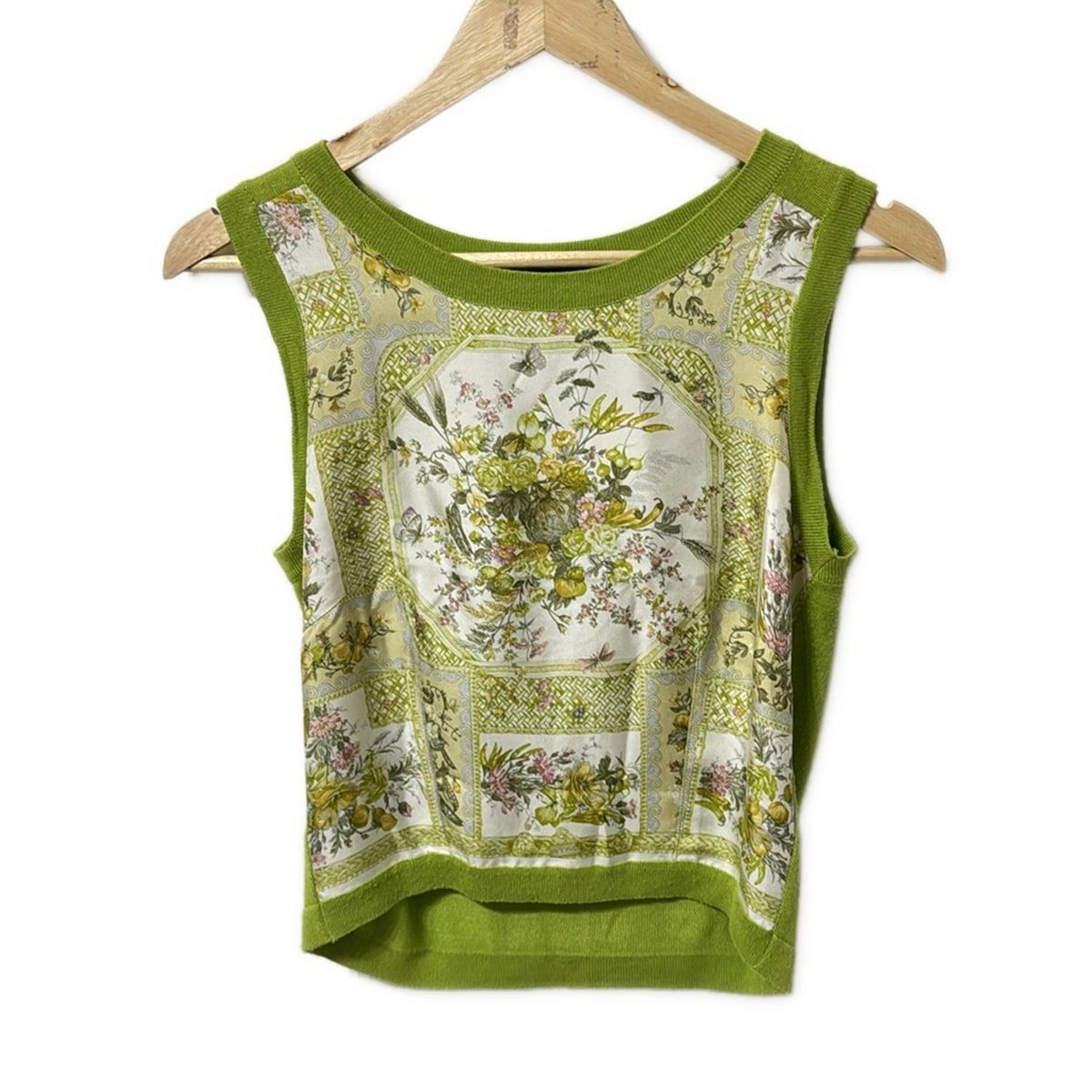 ETRO エトロ ノースリーブカットソー サイズ42 M レディース - イエローグリーン×白×マルチ 異素材切り替え 花柄