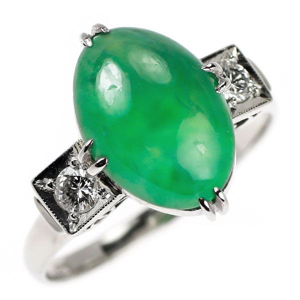 Pt800 翡翠/ヒスイ ダイヤモンド リング 陽刻ヴィンテージ製品 千本