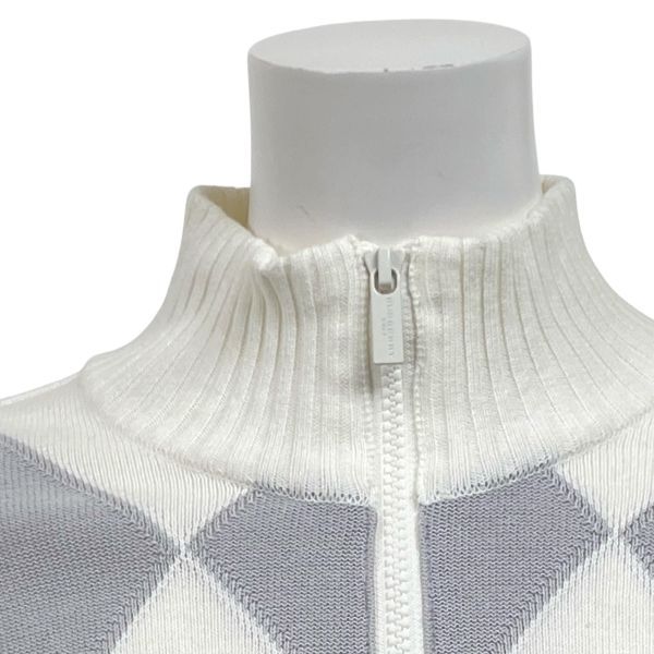 バーバリーゴルフ GOLF アーガイルニットセーター 長袖 ハーフジップ リブ編み 白 グレー 綿混 2 M 9号 レディース S 5 Y 216
