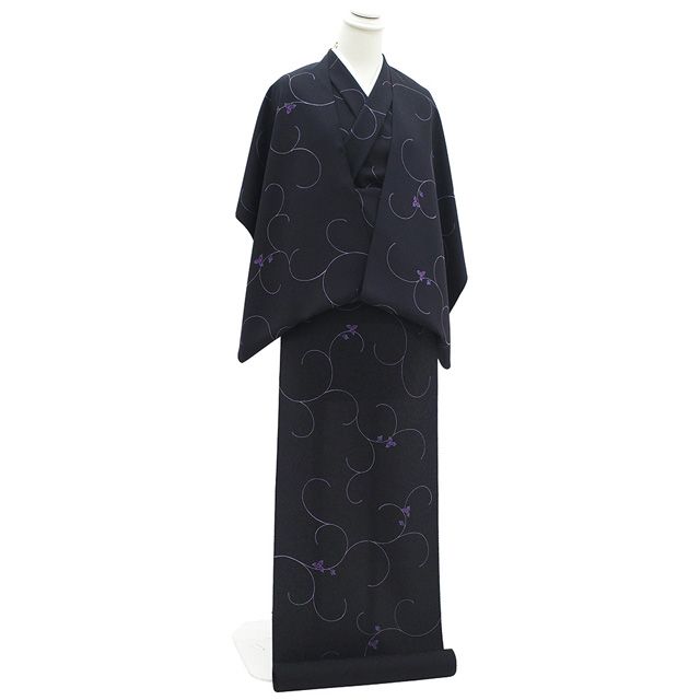 小紋 着物 着尺 反物 正絹 染め柄 黒 紫 花唐草 おしゃれ 袷 単衣 羽織 や コート にも お仕立てＯＫ カジュアル 丹後ちりめん 日本の絹 春 秋 冬 未仕立て みやがわ sb 16743