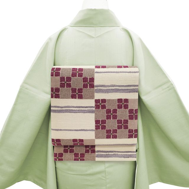 袋帯 ♥ 正絹 こむさでもーど COMME CA DU MODE コムサデモード 薄ベージュ 淡茶 赤紫 市松 花 霞 やまと扱い カジュアル 春 秋 冬 上質 仕立て上がり みやがわ sb 54875