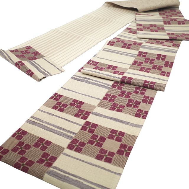  袋帯 正絹 こむさでもーど COMME CA DU MODE コムサデモード 薄ベージュ 淡茶 赤紫 市松 花 霞 やまと扱い カジュアル 春 秋 冬 上質 仕立て上がり みやがわ sb 54875 袋帯 帯