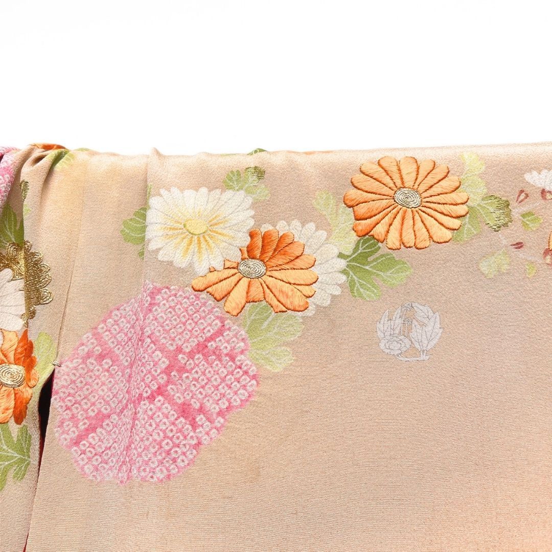  振袖 アンティーク 刺繍 金駒刺繍 菊花 鹿の子 着物 122 p ms 振袖 着物
