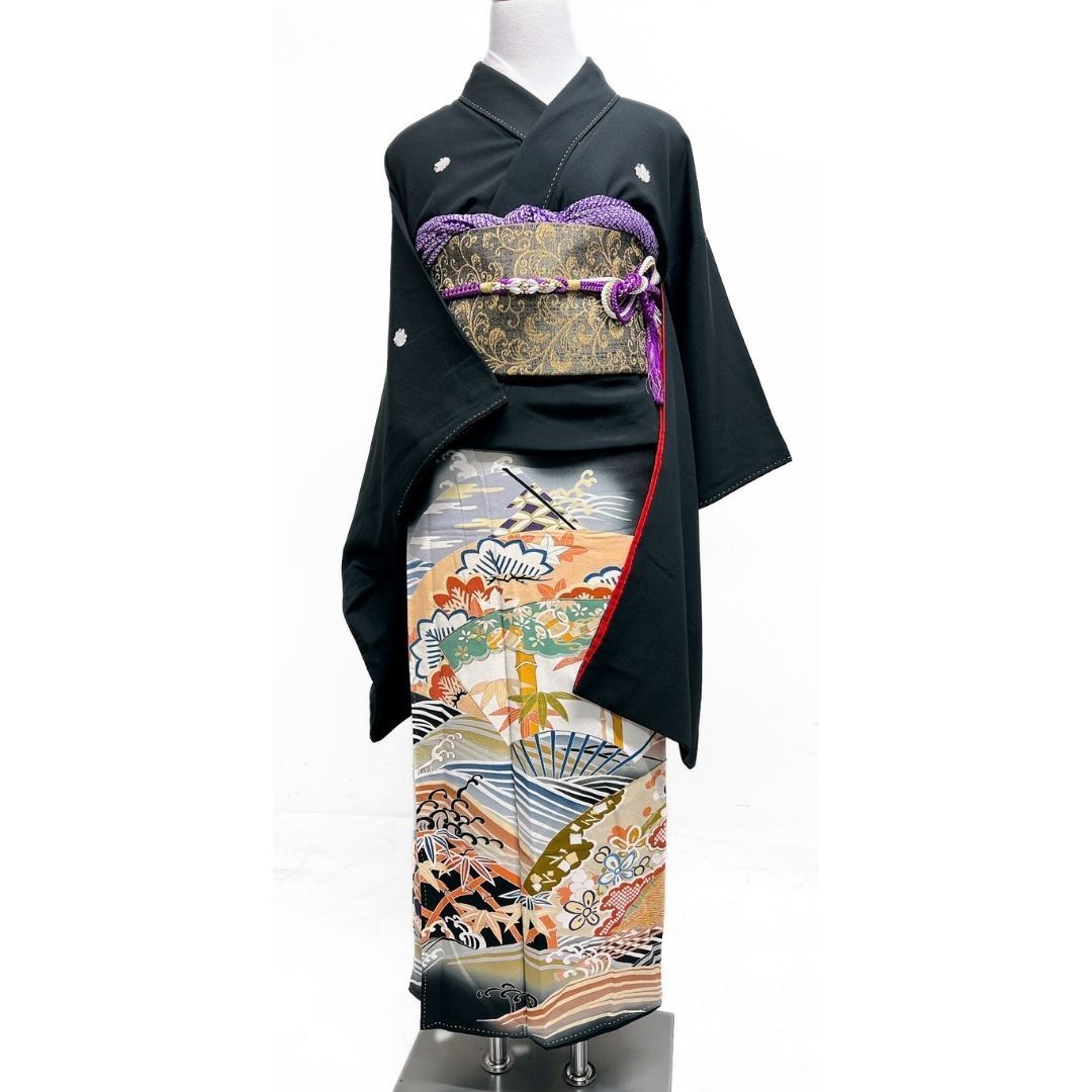 振袖 アンティーク 刺繍 扇 松竹梅 花模様 五つ紋 着物 122 p ms