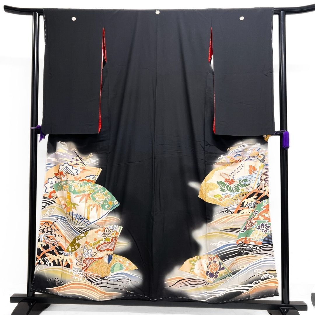 振袖 アンティーク 刺繍 扇 松竹梅 花模様 五つ紋 着物 122 p ms