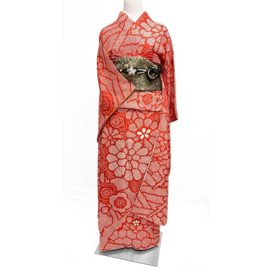 振袖 総絞り 朱色 菊花 梅花 花模様 着物 122 p ms