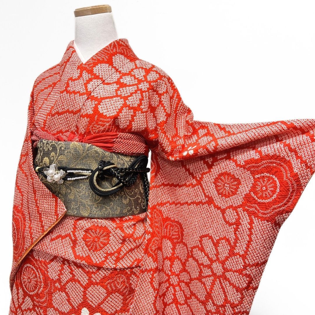 振袖 総絞り 朱色 菊花 梅花 花模様 着物 122 p ms