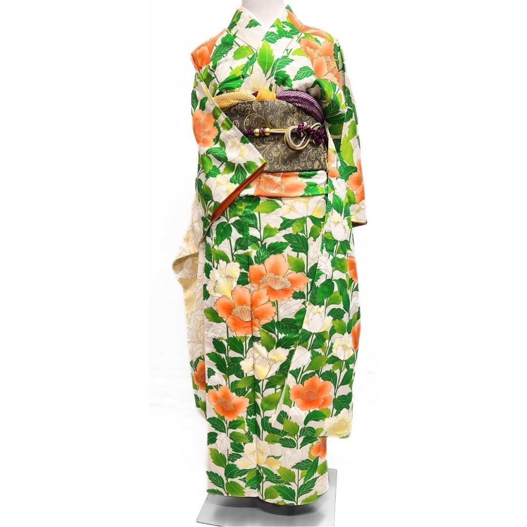 振袖 金駒刺繍 金彩 縦縞 花模様 着物 122 p ms