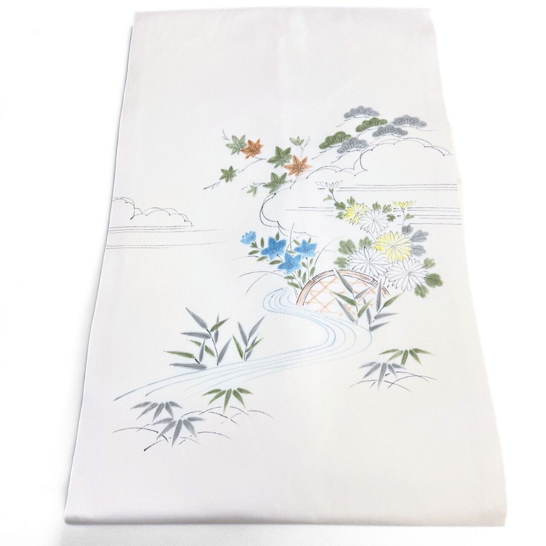 名古屋帯 アイボリー 桔梗 松 笹 花模様 着物 122 p ms