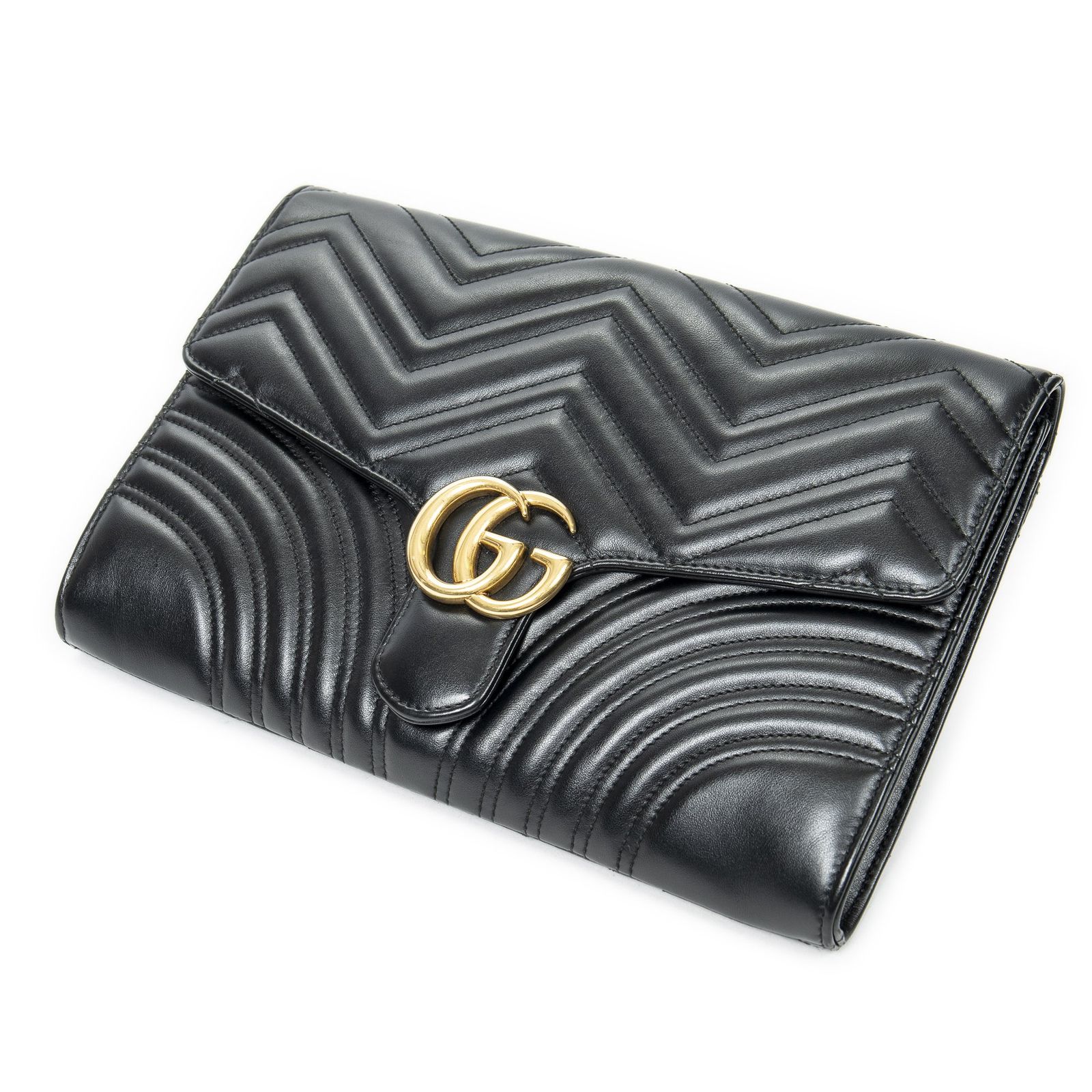 GUCCI グッチGGマーモント フラップ クラッチ黒マトラッセシェブロンレザーA