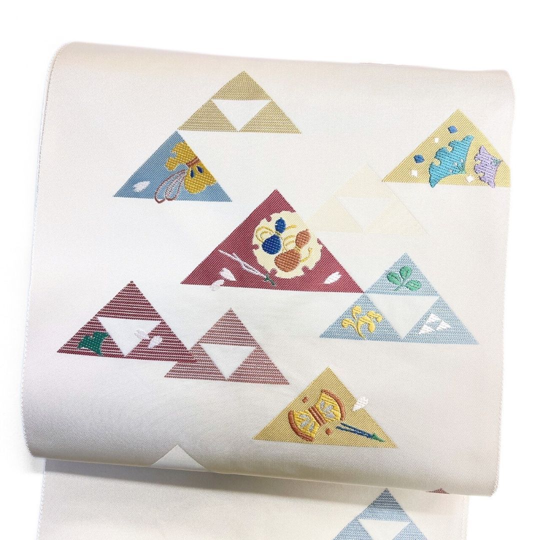 名古屋帯 鱗模様 瓢箪 萩 花びら アイボリー 着物 122 p ms