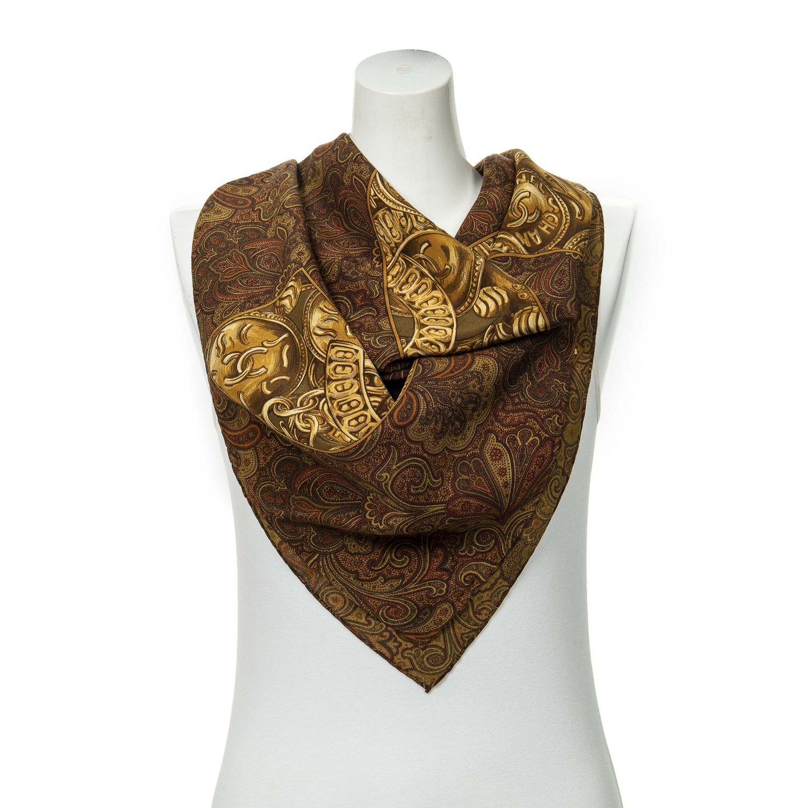 中古] CHANEL シャネルスカーフ茶色、金シルク100%A - メルカリ